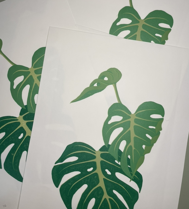 Monstera - four layer reduction Lino Print, limited edition