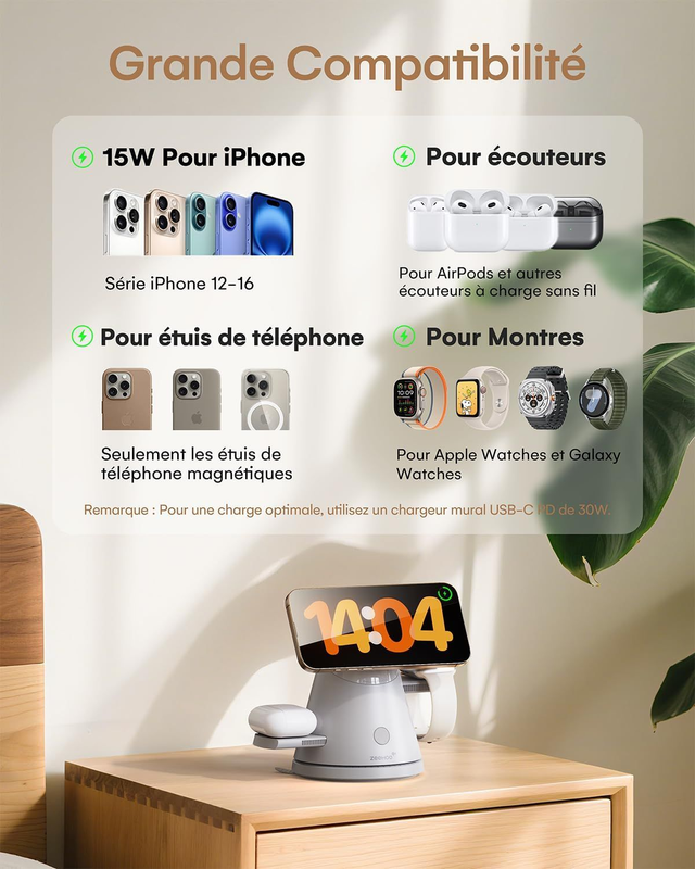 Station de Charge 3-en-1 MagSafe ZEEHOO – Charge Rapide Sans Fil pour iPhone, Apple Watch & AirPods (Gris)