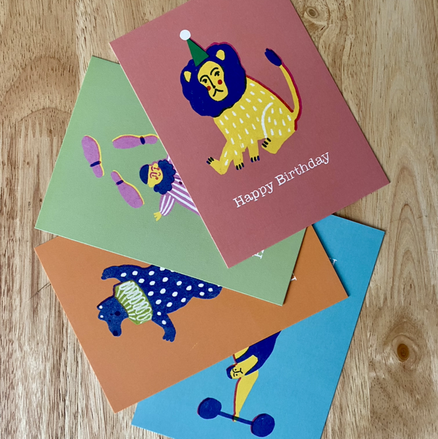 Set of 4 Illustrated Circus Birthday Postcards with Envelopes