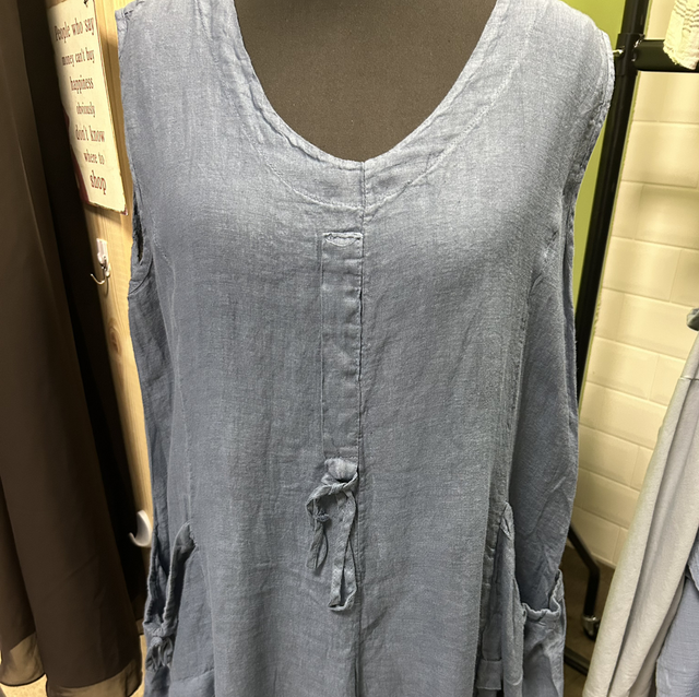 Basic Powder Blue Linen Sleeveless Dress with Pockets - Free Size - 1865