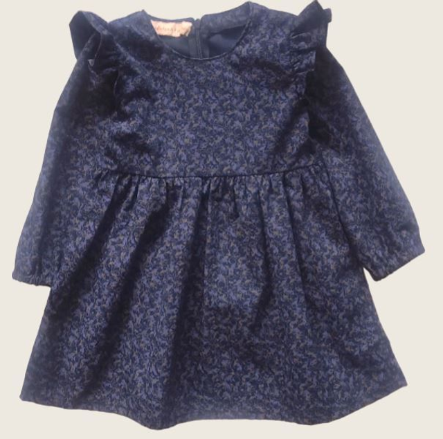 Robe fond bleu, volant épaule