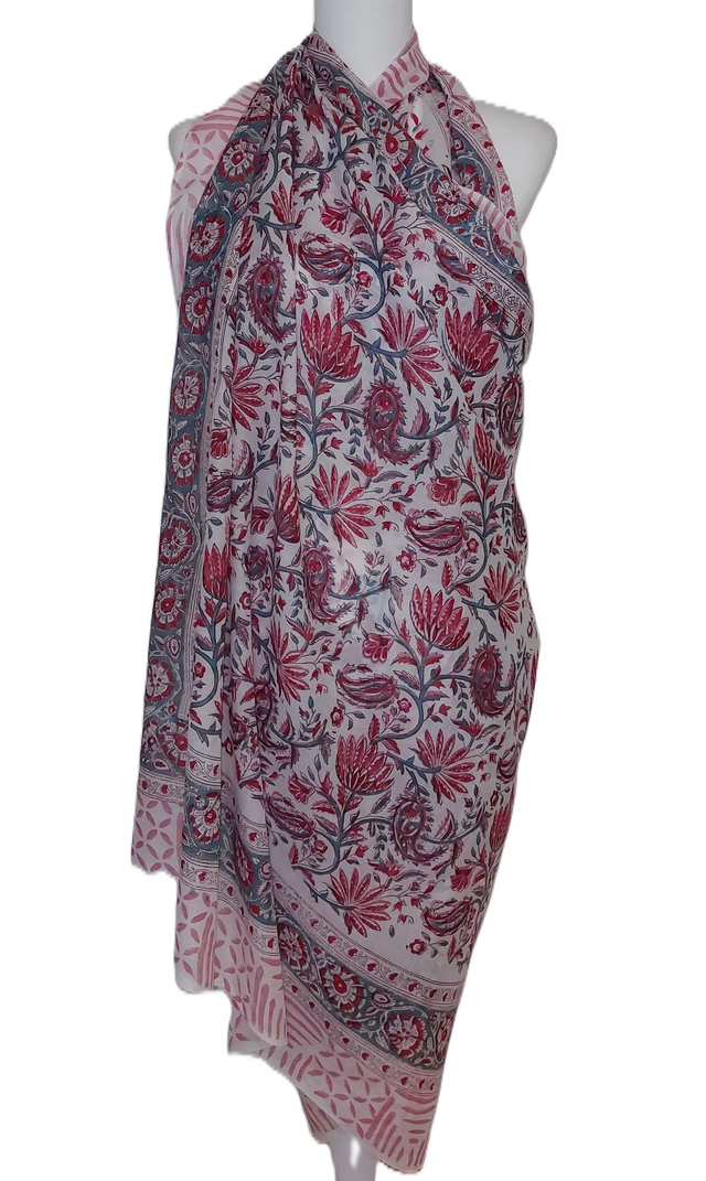 Paréo de plage en coton voile indien imprimé à la main – Motif floral rouge, rose et vert – Étole & châle bohème