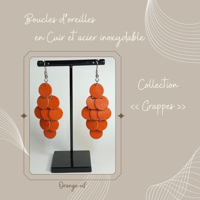 Boucles d&#039;oreilles Grappe en cuir - Orange vif