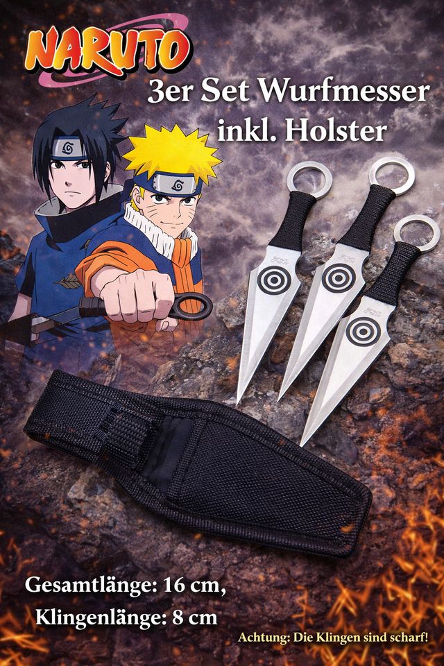 NEU Wurfmesser Kunai 3er Set silberne Messer mit Cordura Holster für Sammler Sport Wurfsport Anime Manga Naruto Sasuke Fans