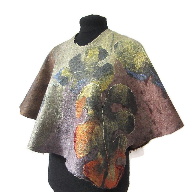 Art Poncho donna lana seta marrone foglie dorate feltro fatto a mano regali unici per le donne