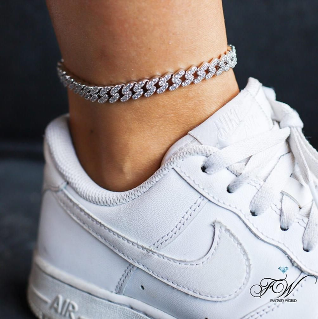 Bracelet Chaîne De Cheville Maille Cubaine Plaqué-or Blanc 18k 8mm