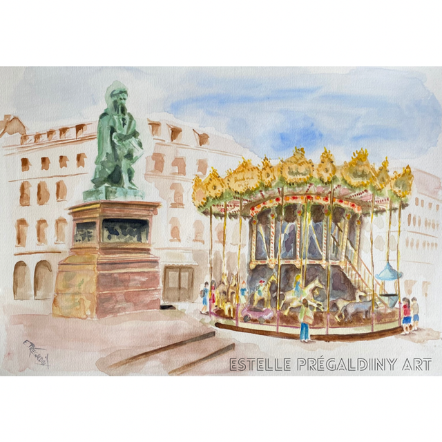 « Carrousel 1900 » Place Gutenberg Strasbourg, aquarelle