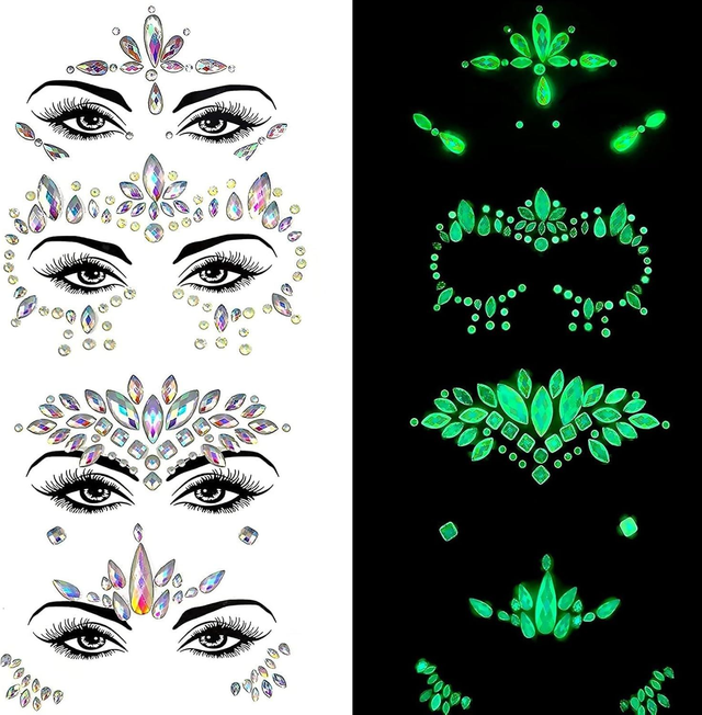 Face jewels that glow green for a UV party plus application