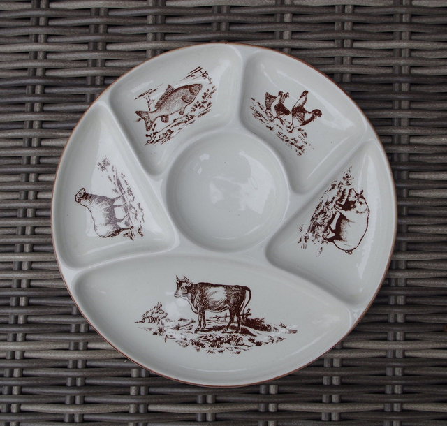 Gien | Gourmetbord Fonduebord Rond met 6 vakken en fleurig ‘Boerderijdieren’ motief | Vintage
