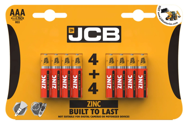JCB Zinc R03/UM4 AAA Batteries 4 + 4 Pack - £1.99 a pack