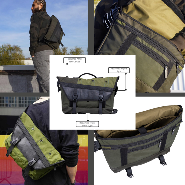Bike Messenger Bag, Water Resistant, Upcycled of Bike Tyres, Inner Tubes &amp; Army Tents, Padded Pocket Fits 15' Laptop | Nomara