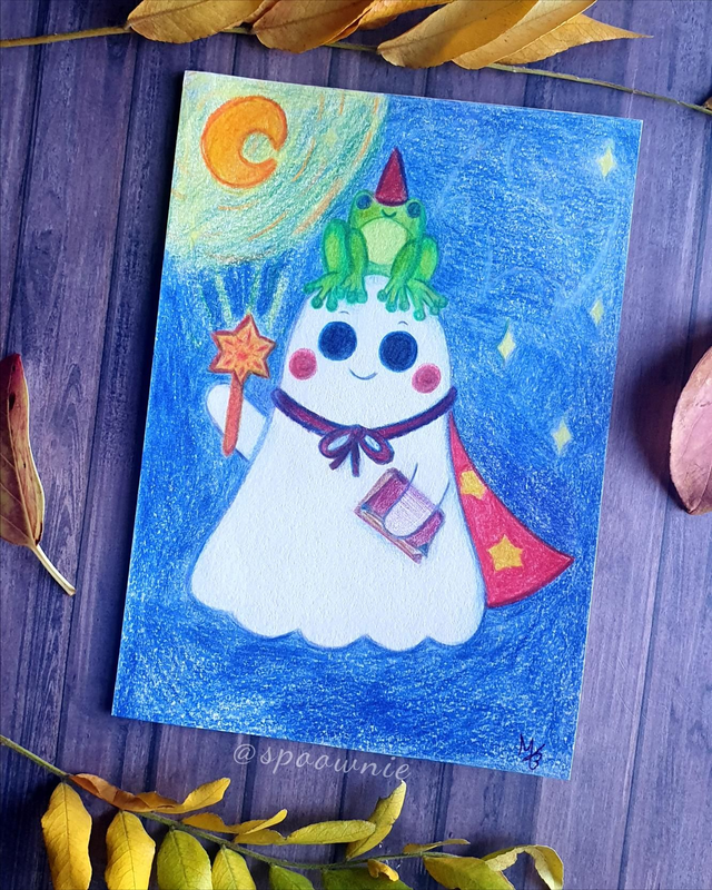 Illustration originale - Fantôme magicien avec sa grenouille 