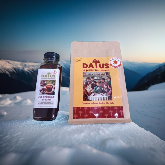 Pack Découverte: "Le secret bien gardé des oasis", DATUS moulu 200g + 2 bouteilles 33cl prêtes à boire.