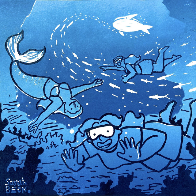 Deep Blue Underworld Linoprint