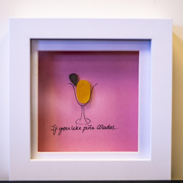 'If you like Pina Coladas' Sea Glass Art 10x10cm Framed.