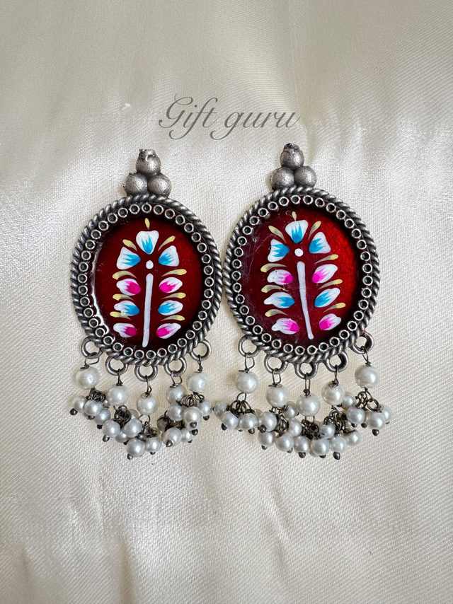Meenakari Paint Oxidised Earrings with Pearl Hangings