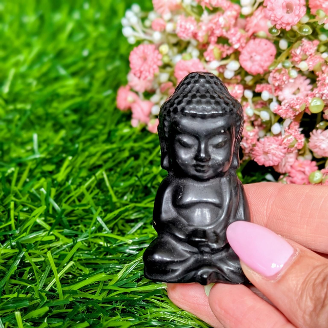 Silver Sheen Obsidian Buddha Carving 