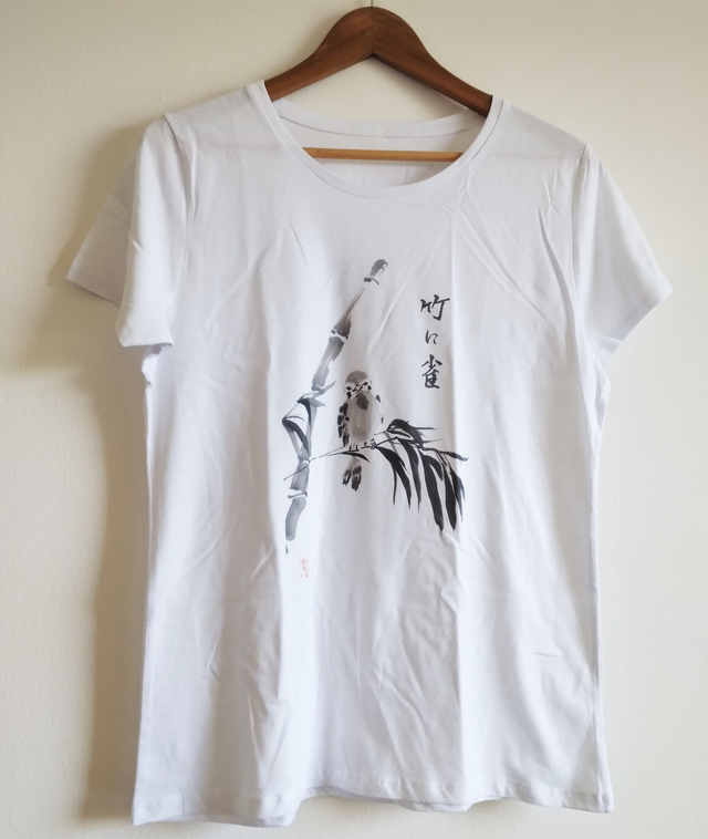 White Color Cotton T-shirt, Sparrow and Bamboo Pattern, Printed T-shirt