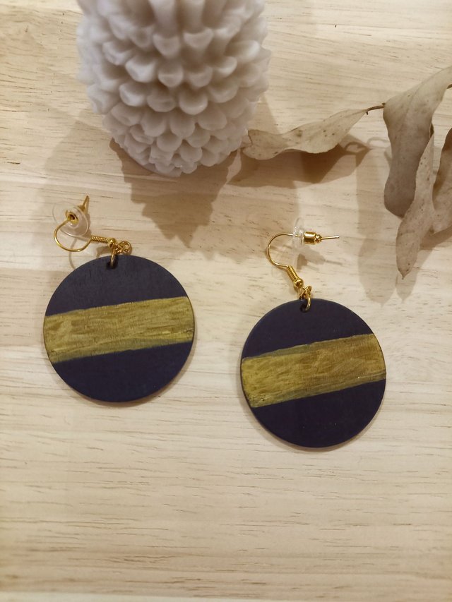 Boucles d&#039;oreilles Bois - rond bicolore - bleu nuit/jaune