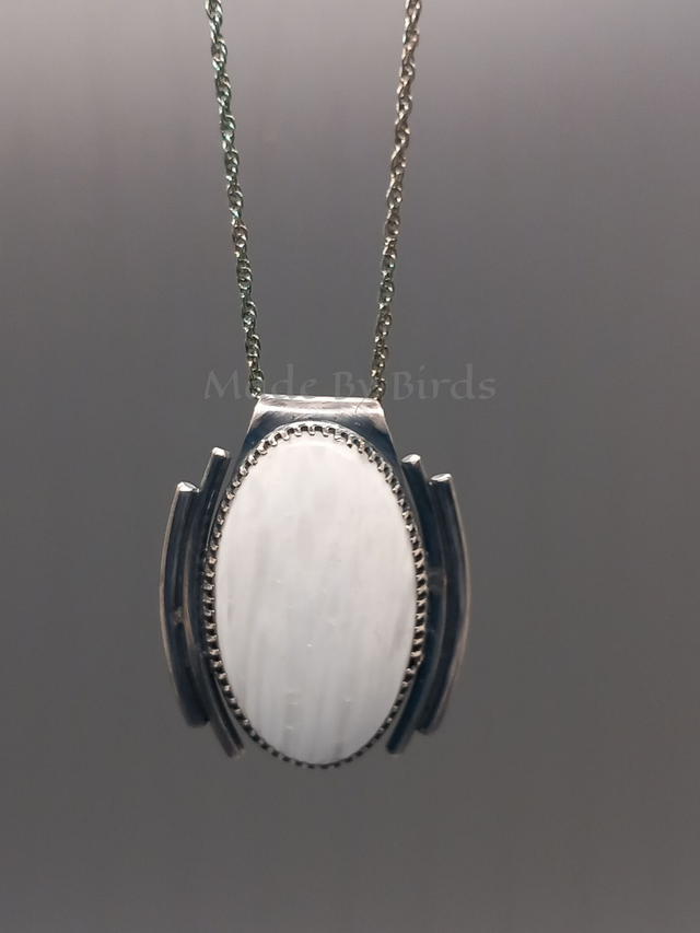 White Scolecite Sterling Silver Art Deco Inspired Pendant Necklace 
