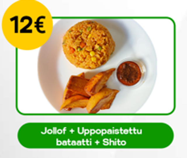 Jollof Riisi,  Uppopaistettu Bataatti ja Shito (Tulinen Kastike)