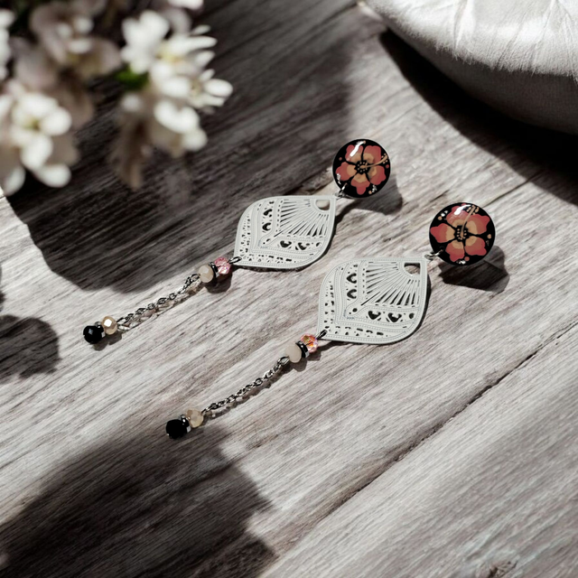 Boucles d'oreilles Flora rose blanc