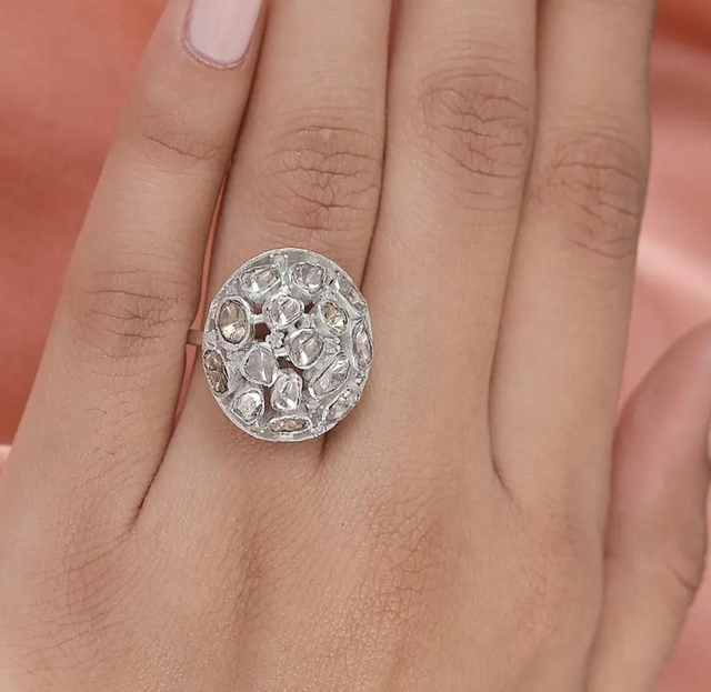 Stunning Natural Polki Diamond & Platinum Filled Ring