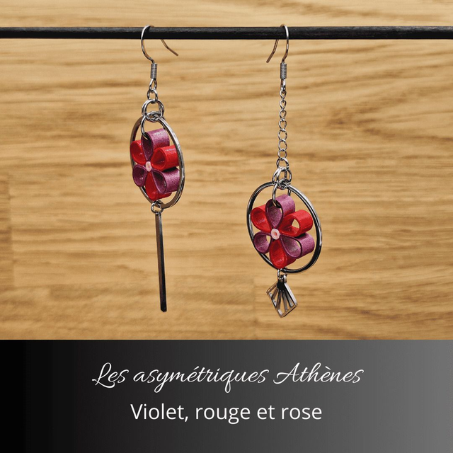 Boucles d'oreilles asymétriques Athènes - Violet rouge et rose