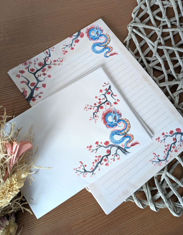 Papier à lettres et enveloppes – Dragon japonais & cerisiers en fleur