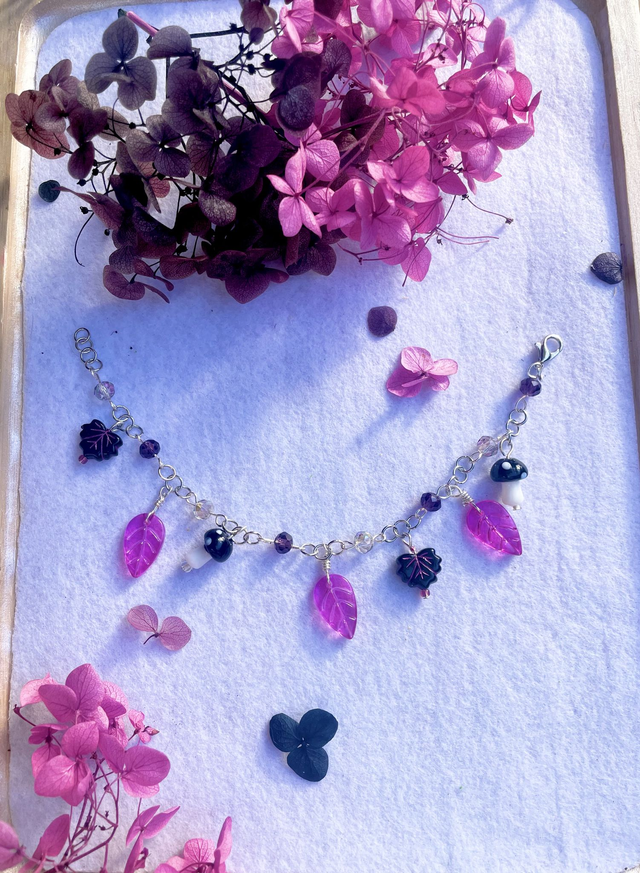 Bracelet " Feuilles et Champignons" - Rose et Noir
