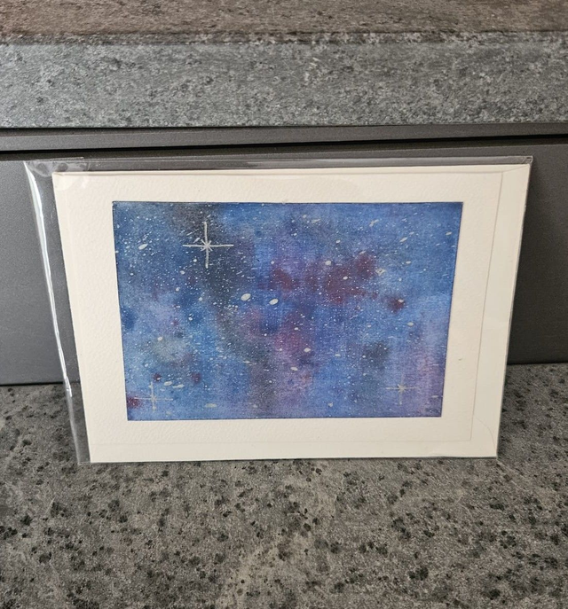 Carte double aquarelle originale "Galaxie sur fond blanc" - carte blanc crème