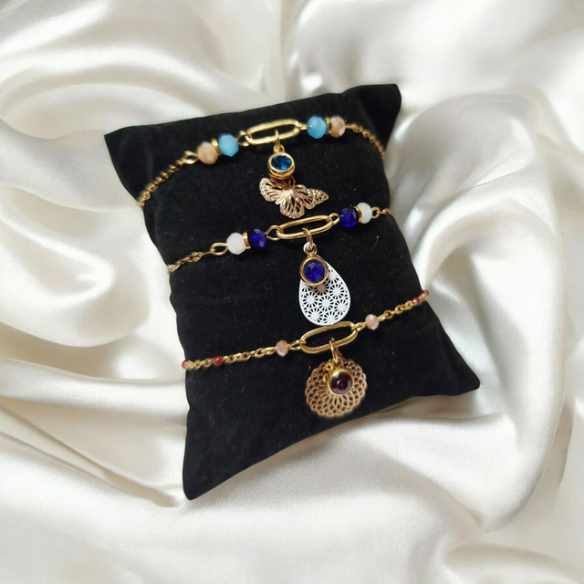 Bracelet acier inoxydable et strass bleu foncé et doré