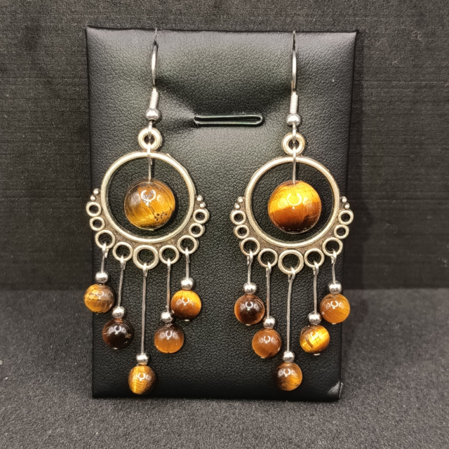 Boucles d’oreilles bohème acier inox &amp; œil de tigre – Cercle ethnique