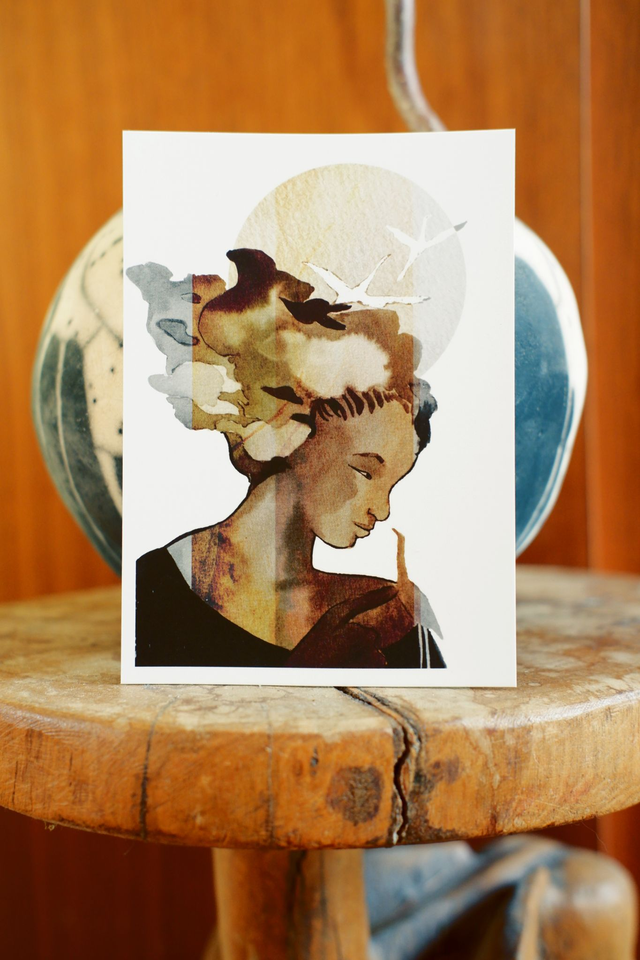 Carte postale A6 illustration "la femme aux grues"