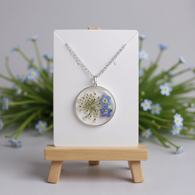 Forget-Me-Not Round-Shaped Necklace, Silver-Plated Necklace