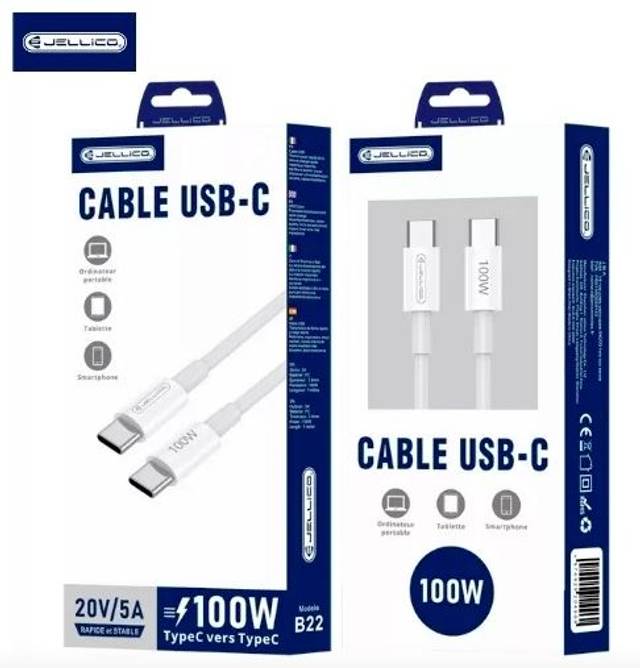 En promo Cable USB-C/Type C vers USB-C/Type C (100W) 1 mètre JELLICO B22 (Boite/blister) blanc AR0023225