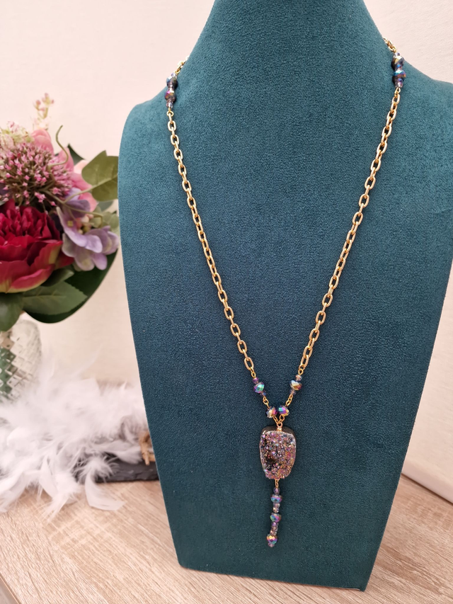 Collier Doré Pierre Agate Perles Cristal