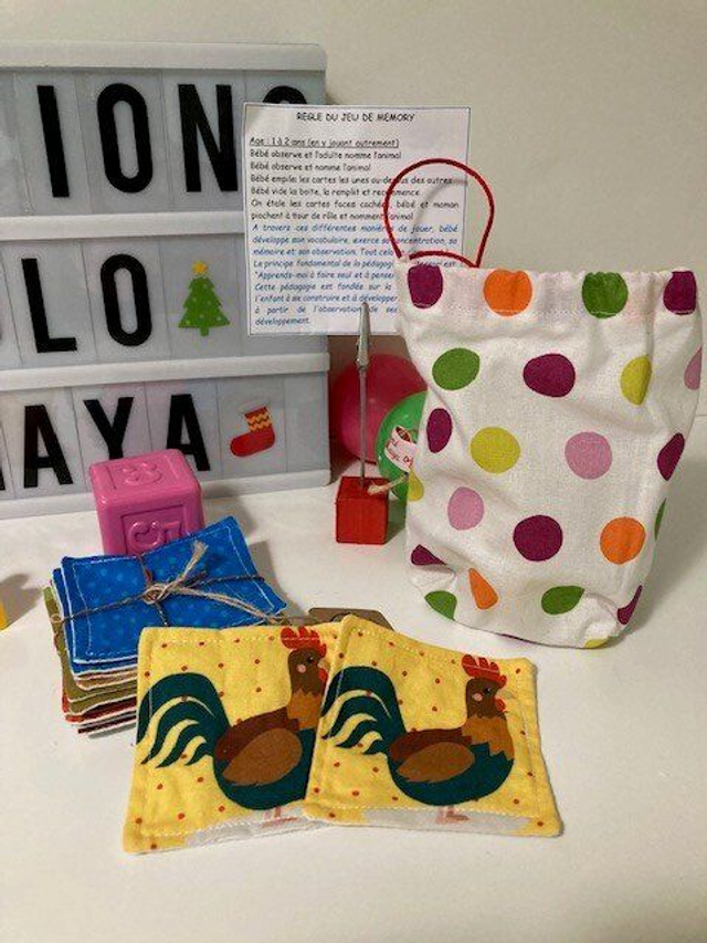 Memory Pois - Jeu en tissu 9 paires (pochon pois multicolores)