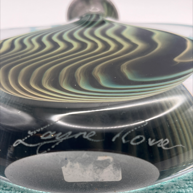 Lane Rowe Scent Bottle – Black with Yellow, Blue & Green Ripple Effect, Signed with Stopper