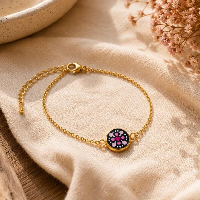 Bracelet mandala rose en acier inoxydable doré – Peint à la main