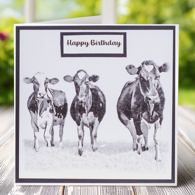 Friesian Cow Birthday Card, can be personalised. Handmade, Black and White Sketch