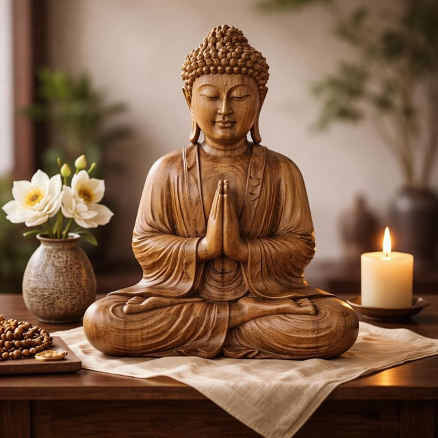 Statue "Bouddha lotus" 40 cm en bois sculptée à la main