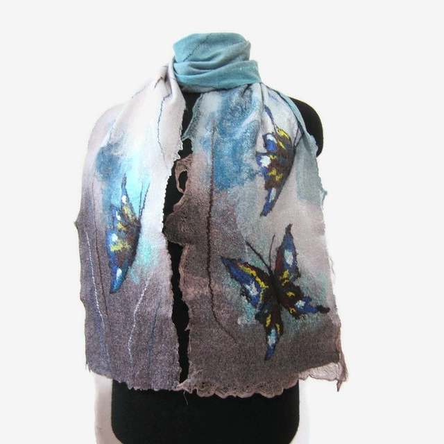 Art Sciarpa donna Feltro lana merino seta turchese lungo Infeltrimento fatto a mano regalo unico