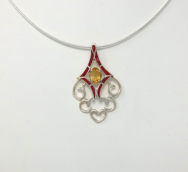 PENDENTIF ARABESQUES ET CORAIL CERTI ARGENT MASSIF CITRINE - VENDU SANS CHAINE - 0099C