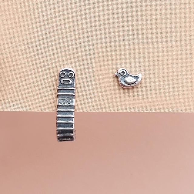 Derpy Worm And Bird Studs - Sterling Silver Worm Earrings - Tiny Bird Stud - Mismatching earrings