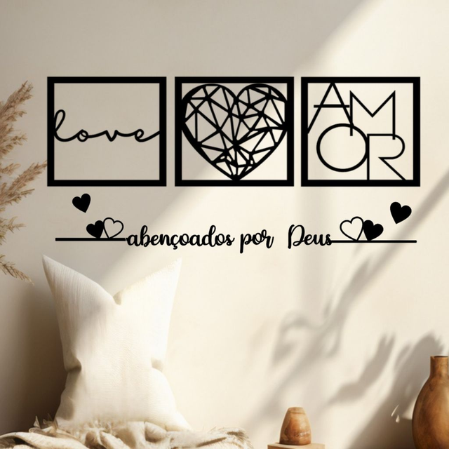 Kit 3 Quadros Cabeceira Amor Coração Geométrico + Frase Parede Abençoados Por Deus + 2 mini coração