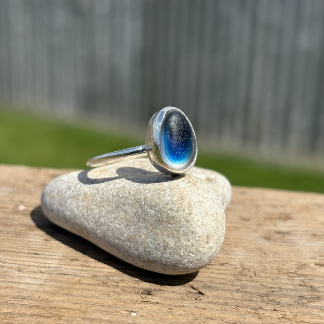 Blue Seaham Multi & Recycled Silver Ring Size T