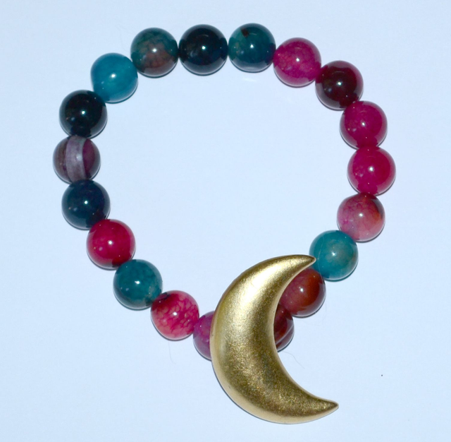 B84 - Bracelet perle verre ton multicolore et lune métal doré