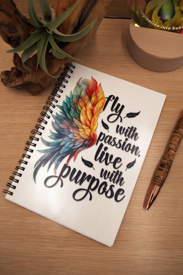 A5 Spiral Notebook – Fly with Passion, Live with Purpose Feather Design
