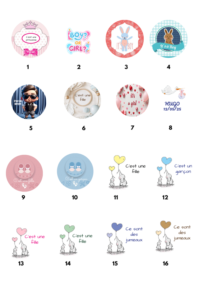 Etiquettes personnalisées Baby shower / Gender reveal plaquettes A4 